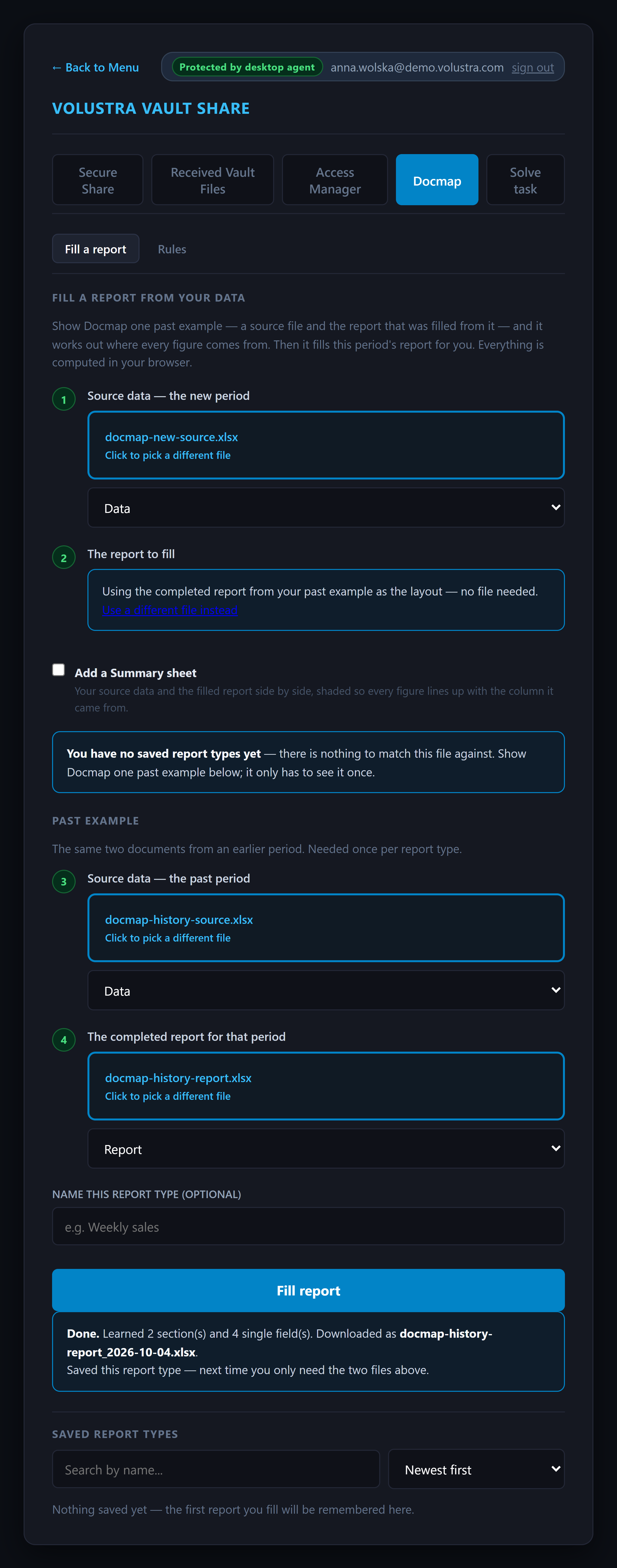 Docmap: the past example, the Fill report button and the result saying it learned 2 sections and 4 fields