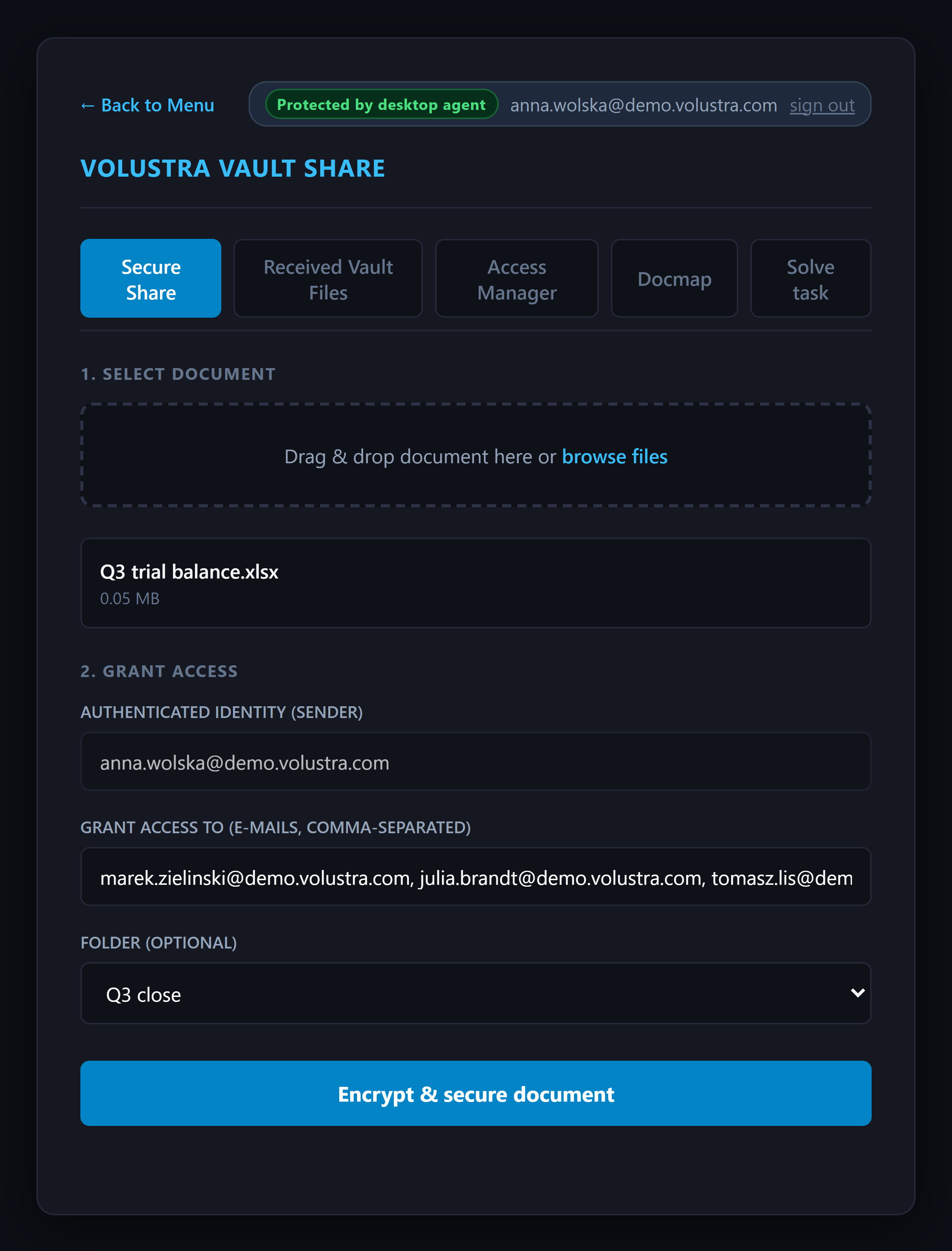 Secure Share: Q3 trial balance.xlsx selected, three recipients and the Q3 close folder chosen